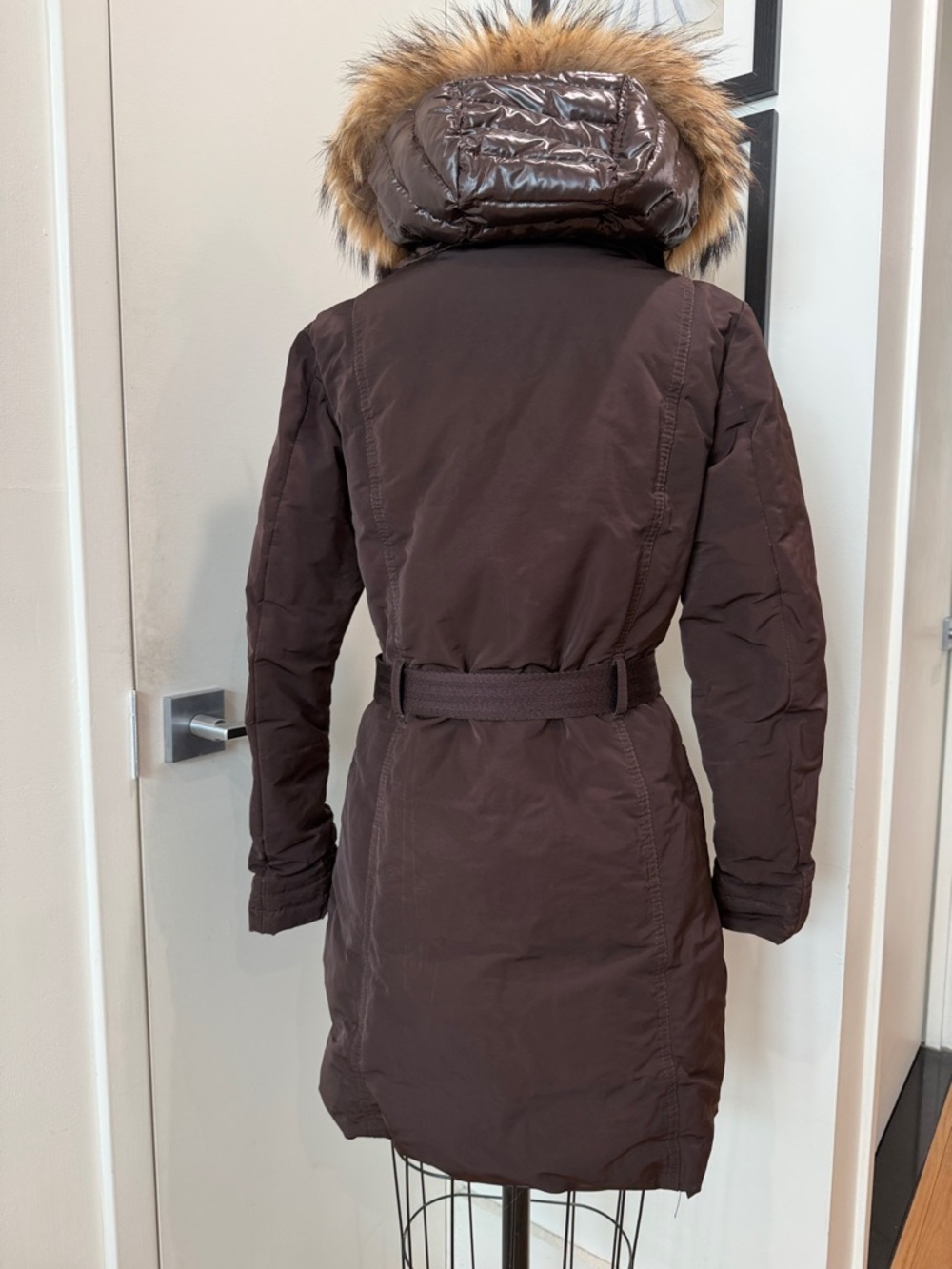 Moncler Brown Quilted Belted Trench Coat with Fur Trim Hood - Picture 7 of 9